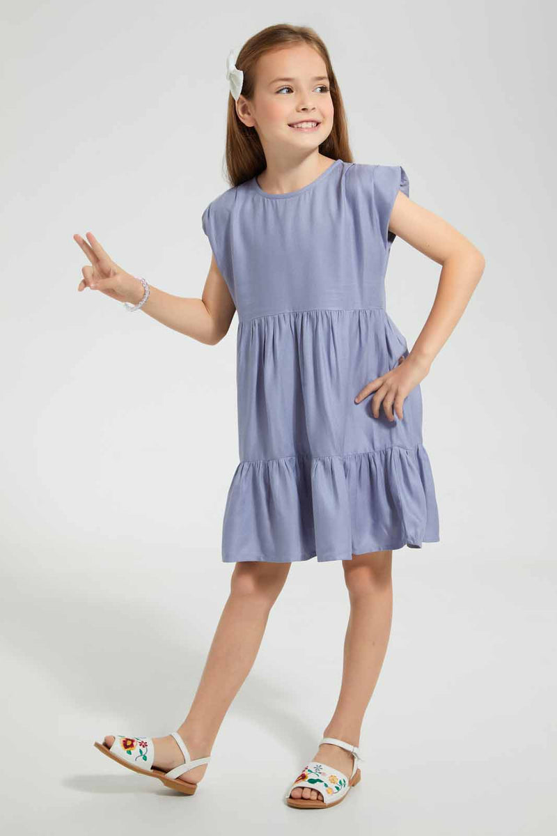 Redtag-Grey-Twill-Tiered-Dress-Dresses-Girls-2 to 8 Years