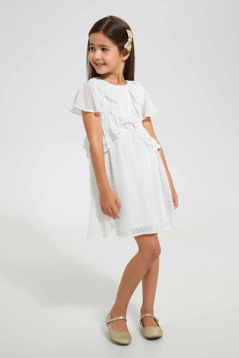 Redtag-White-Frill-Dobby-Dress-Dresses-Girls-2 to 8 Years