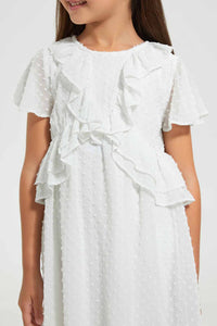 Redtag-White-Frill-Dobby-Dress-Dresses-Girls-2 to 8 Years
