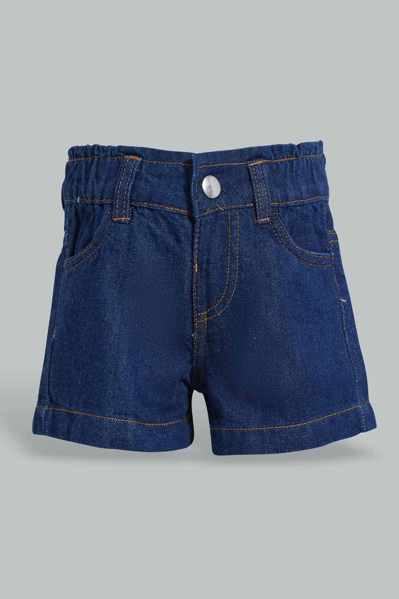 Redtag-Darkwash-Paperbag-Shorts-Denim-Shorts-Infant-Girls-3 to 24 Months