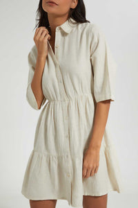 Redtag-Cream-Linen-Blend-Tiered-Dress-Dresses-Women's-