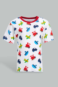 Redtag-Red-Car-Printed-T-Shirt-With-Jersey-Yd-Short-Set-(2-Pack)-Sets-Infant-Boys-3 to 24 Months