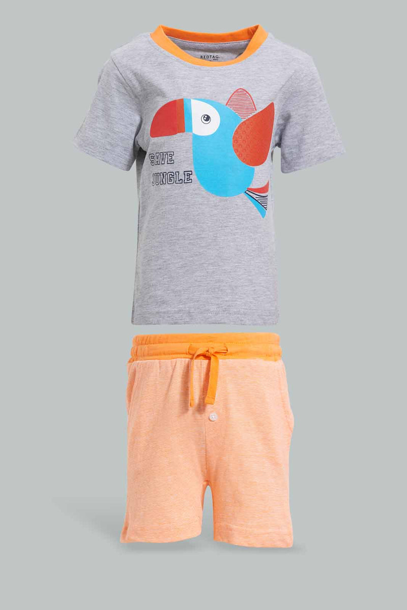 Redtag-Grey-T-Shirt-With-Jersey-Yd-Short-Set-(2-Pack)-Sets-Infant-Boys-3 to 24 Months