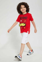 Load image into Gallery viewer, Redtag-White-Adventure-Embossed-Ribbed-Waistband-Knit-Denim-Short-Denim-Shorts-Boys-2 to 8 Years
