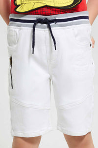 Redtag-White-Adventure-Embossed-Ribbed-Waistband-Knit-Denim-Short-Denim-Shorts-Boys-2 to 8 Years