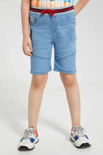 Load image into Gallery viewer, Redtag-Light-Wash-Monster-Embossed-Ribbed-Waistband-Knit-Denim-Short-Denim-Shorts-Boys-2 to 8 Years
