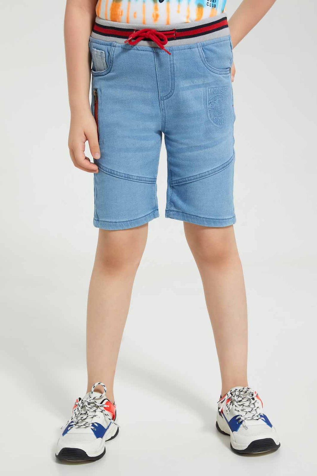 Redtag-Light-Wash-Monster-Embossed-Ribbed-Waistband-Knit-Denim-Short-Denim-Shorts-Boys-2 to 8 Years