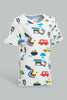 Redtag-White-Car-Printed-Tshirt-With-Red-Short-Casual-Set-(2-Pack)-Sets-Infant-Boys-3 to 24 Months