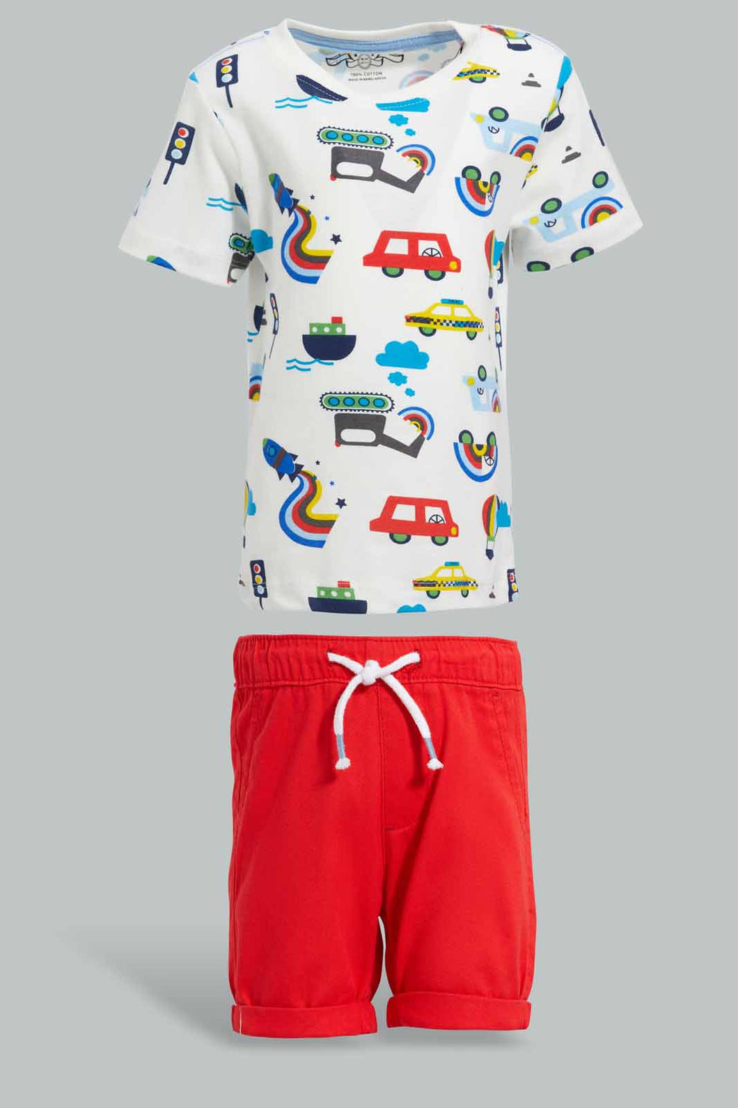 Redtag-White-Car-Printed-Tshirt-With-Red-Short-Casual-Set-(2-Pack)-Sets-Infant-Boys-3 to 24 Months