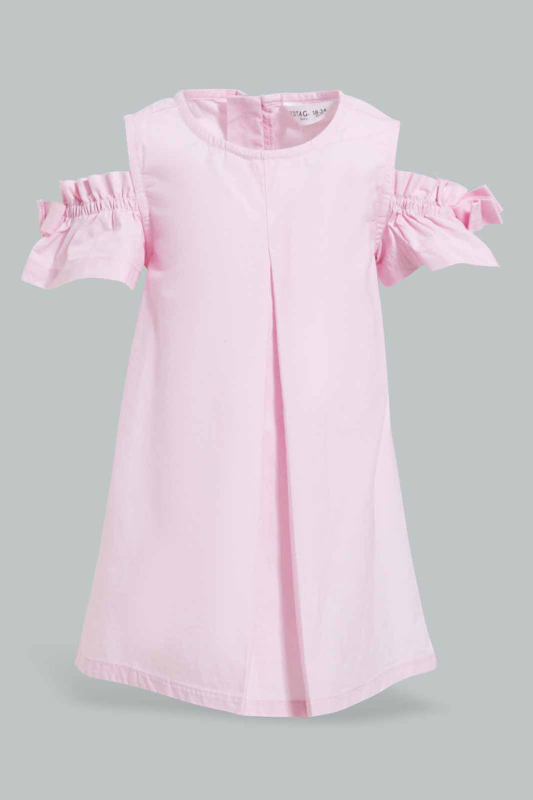 Redtag-Pink-Cold-Shoulder-Bow-Sleeves-Dress-Dresses-Infant-Girls-3 to 24 Months