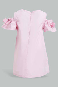 Redtag-Pink-Cold-Shoulder-Bow-Sleeves-Dress-Dresses-Infant-Girls-3 to 24 Months