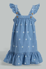 تنزيل الصورة على معرض الصور، Redtag-Blue-Denim-Floral-Aop-Straps-Dress-Dresses-Infant-Girls-3 to 24 Months
