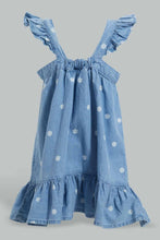 تنزيل الصورة على معرض الصور، Redtag-Blue-Denim-Floral-Aop-Straps-Dress-Dresses-Infant-Girls-3 to 24 Months
