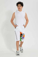 تنزيل الصورة على معرض الصور، Redtag-White-Printed-Active-Short-Active-Shorts-Senior-Boys-9 to 14 Years
