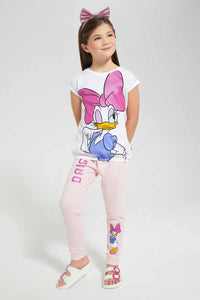 Redtag-White-Daisy-Duck-Placement-Print-T-Shirt-Category:T-Shirts,-Colour:White,-Deals:4-For-90,-Filter:Girls-(2-to-8-Yrs),-Girls-T-Shirts,-New-In,-New-In-GIR,-S22C,-Section:Kidswear,-TBL-Girls-