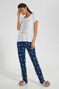 Redtag-Grey-Melange-Snacks-Printed-Pyjama-Set-Pyjama-Sets-Women's-