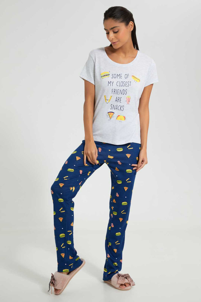 Redtag-Grey-Melange-Snacks-Printed-Pyjama-Set-Pyjama-Sets-Women's-