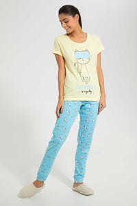 Redtag-Yellow-Cat-Printed-Pyjama-Set-Pyjama-Sets-Women's-