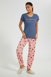 Redtag-Blue-Brunch-Printed-Pyjama-Set-Pyjama-Sets-Women's-