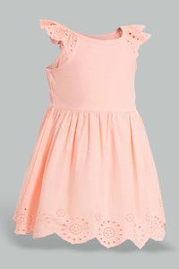 Redtag-Coral-Schiffli-Hem-Flutter-Sleeves-Dress-Dresses-Infant-Girls-3 to 24 Months