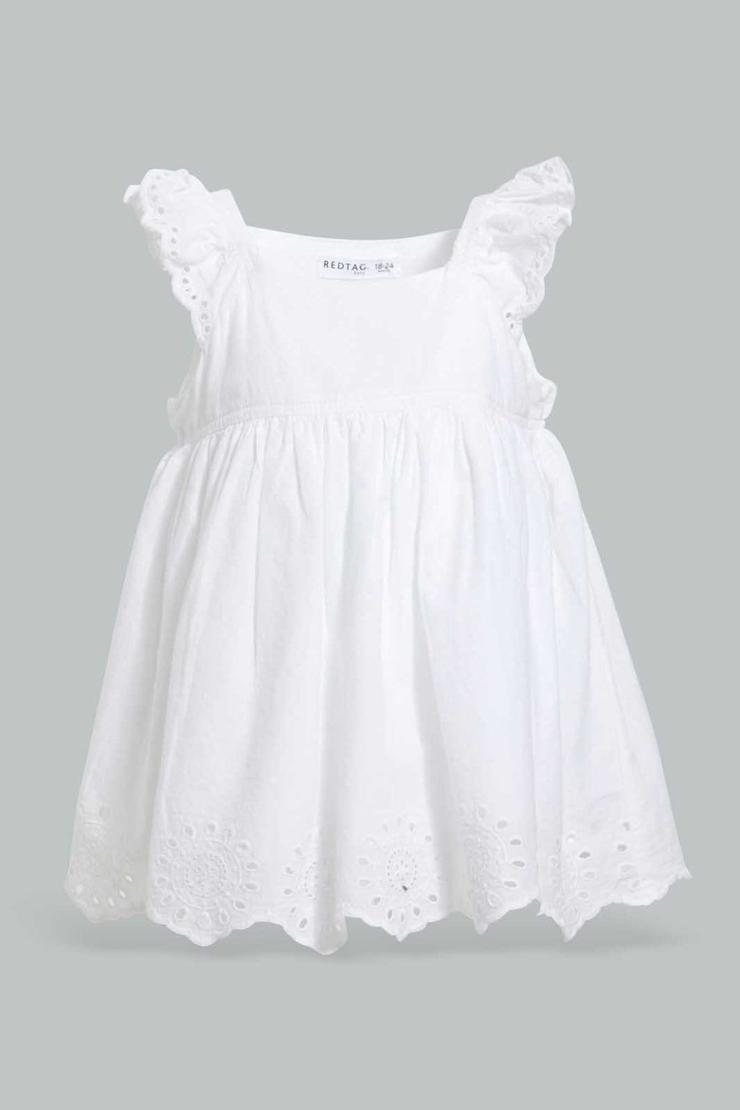 Redtag-White-Schiffli-Hem-Fluter-Sleeves-Blouse-Blouses-Infant-Girls-3 to 24 Months