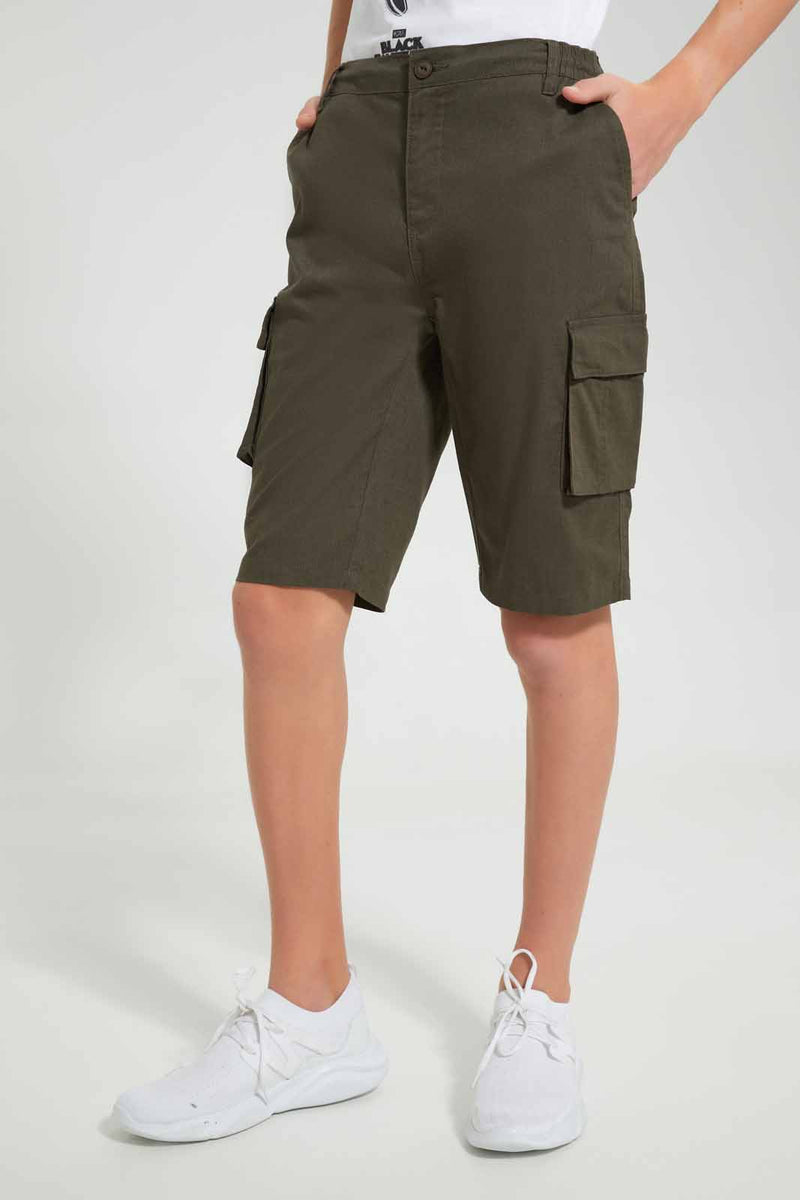 Redtag-Olive-Chino-Cargo-Short-Chino-Shorts-Senior-Boys-9 to 14 Years