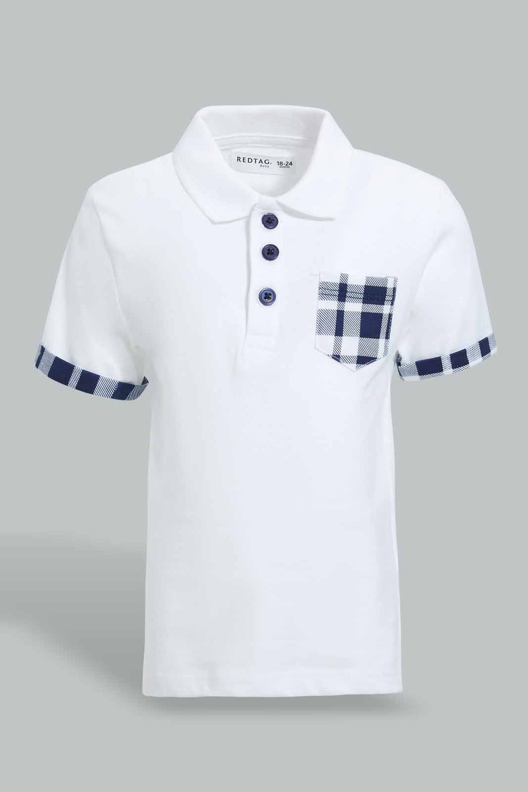 Redtag-White-Polo-With-Contrast-Fabric-On-Sleeve-Polo-Shirts-Infant-Boys-3 to 24 Months