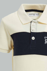 Redtag-Ecru-And-Navy-Cut-And-Sew-Polo-Polo-Shirts-Infant-Boys-3 to 24 Months