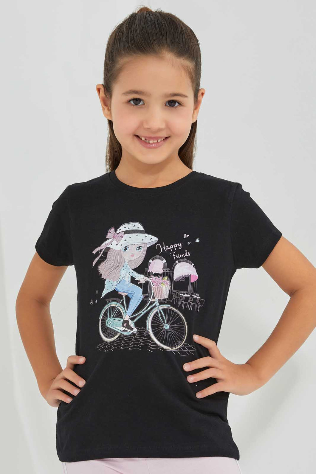 Redtag-Black-T-Shirt-With-Placment-Print-Graphic-T-Shirts-Girls-2 to 8 Years