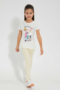 Redtag-Cream-T-Shirt-With-Placment-Print-Graphic-T-Shirts-Girls-2 to 8 Years