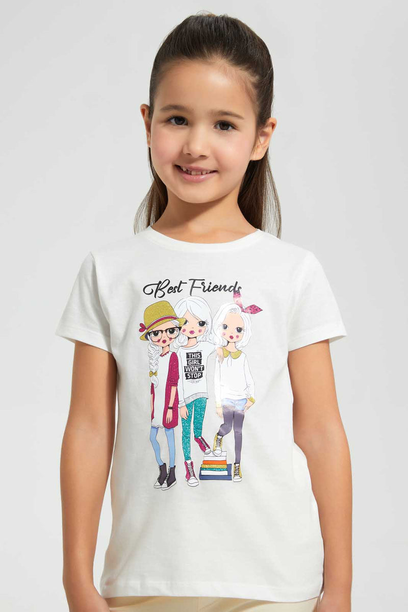 Redtag-Cream-T-Shirt-With-Placment-Print-Graphic-T-Shirts-Girls-2 to 8 Years