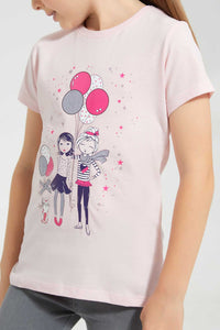 Redtag-Pale-Pink-T-Shirt-With-Placment-Print-Graphic-T-Shirts-Girls-2 to 8 Years