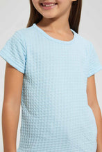 Load image into Gallery viewer, Redtag-Sky-Blue-Girls-Jacquard-T-Shirt-Plain-T-Shirts-Girls-2 to 8 Years
