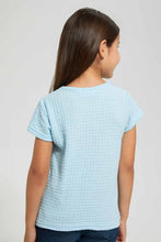 Load image into Gallery viewer, Redtag-Sky-Blue-Girls-Jacquard-T-Shirt-Plain-T-Shirts-Girls-2 to 8 Years
