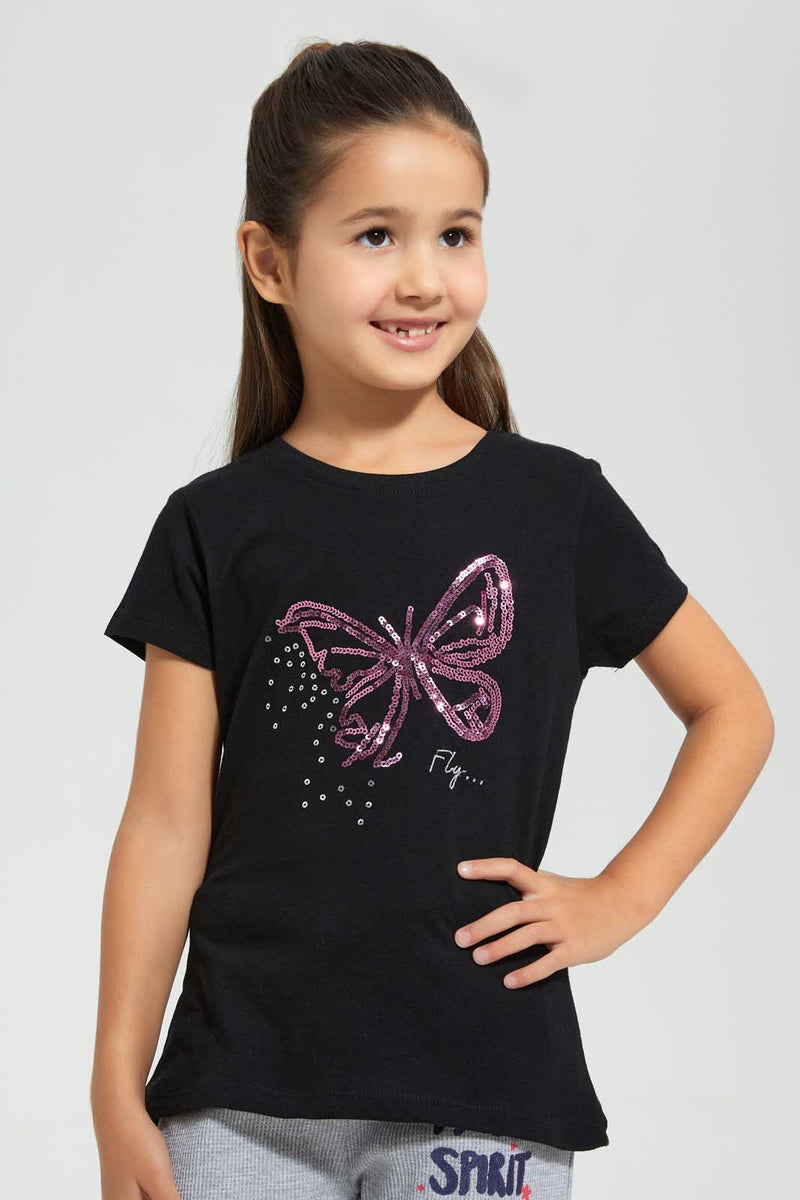 Redtag-Black-Girls-Sequins-T-Shirt-Embellished-T-Shirts-Girls-2 to 8 Years