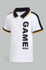 Redtag-White-Pique-Polo-With-Tipping-Collar-And-Placement-Print-Polo-Shirts-Infant-Boys-3 to 24 Months