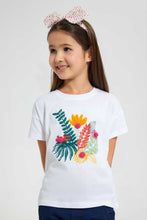 Load image into Gallery viewer, Redtag-White-Girls--T-Shirt-With-Chest-Applique-Work-Embellished-T-Shirts-Girls-2 to 8 Years
