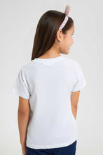 Load image into Gallery viewer, Redtag-White-Girls--T-Shirt-With-Chest-Applique-Work-Embellished-T-Shirts-Girls-2 to 8 Years
