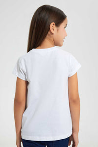 Redtag-White-Girls--T-Shirt-With-Chest-Applique-Work-Embellished-T-Shirts-Girls-2 to 8 Years