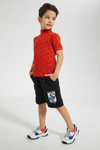 Redtag-Black-Print-Short-Active-Shorts-Boys-2 to 8 Years