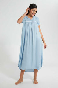 Redtag-Navy-Plain-Nightgown-With-Embroidery-Nightgowns-Women's-