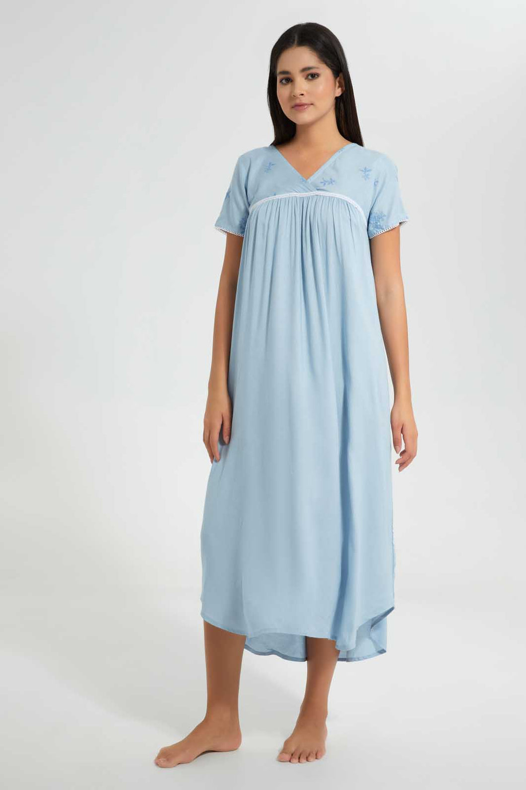 Redtag-Navy-Plain-Nightgown-With-Embroidery-Nightgowns-Women's-