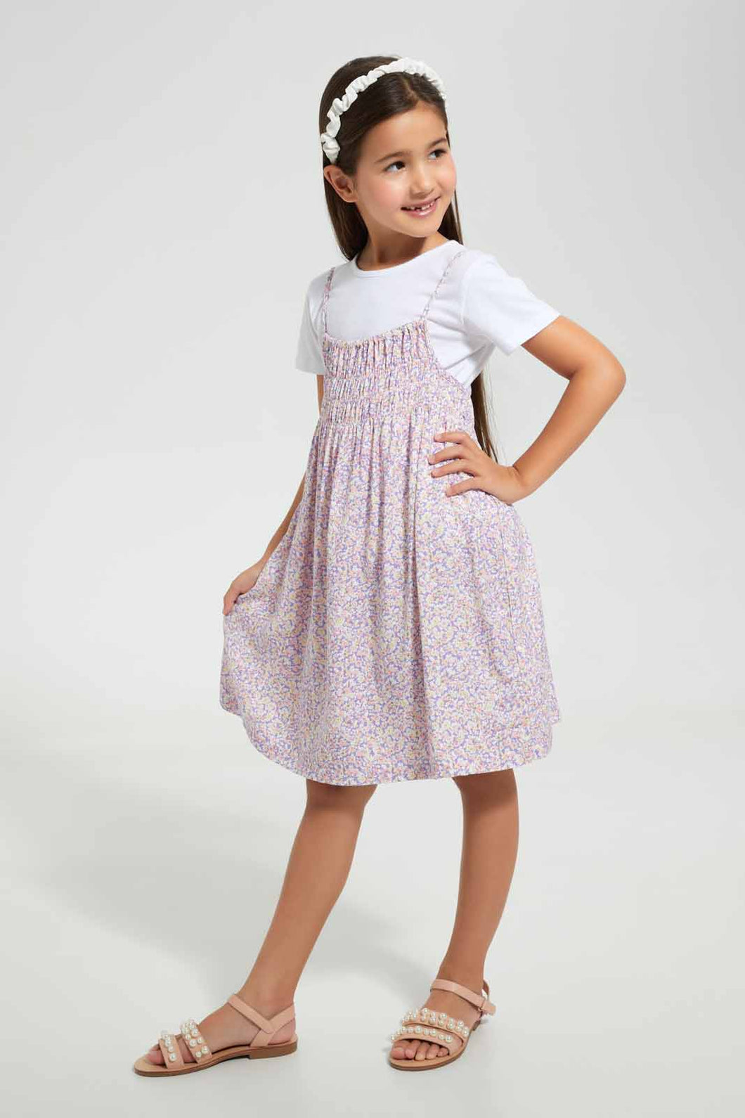 Redtag-Assorted--Aop-T-Shirt-&-Dress-Set-Dresses-Girls-2 to 8 Years