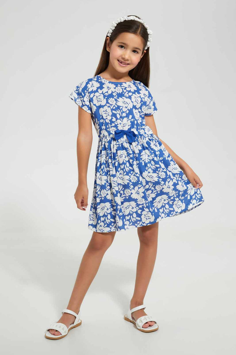 Redtag-Blue-Printed-Dress-Dresses-Girls-2 to 8 Years