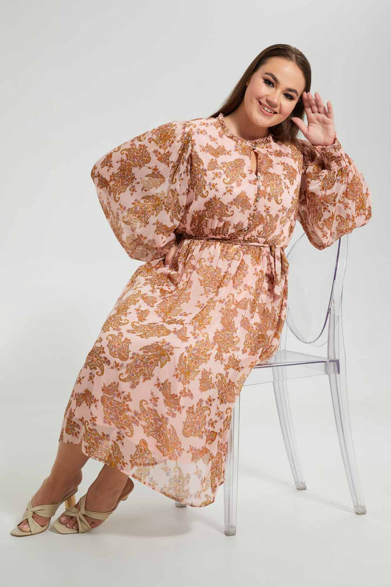 Redtag-Assorted-Printed-Midi-Length-Dress-With-Smocking-And-Belt-Dresses-Women's-