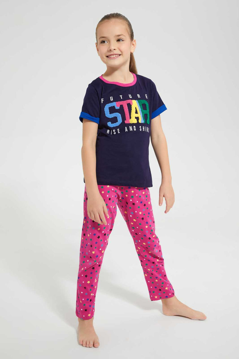 Redtag-Navy-Nightsuit-Pyjama-Sets-Girls-2 to 8 Years