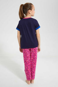 Redtag-Navy-Nightsuit-Pyjama-Sets-Girls-2 to 8 Years