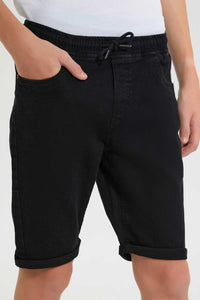 Redtag-Black-Pull-On-Short-Pull-On-Shorts-Senior-Boys-9 to 14 Years