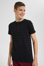 Load image into Gallery viewer, Redtag-Black-Jacquard-Henley-Tshirt-Plain-T-Shirts-Senior-Boys-9 to 14 Years
