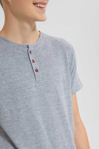 Redtag-Mid-Grey-Jacquard-Henley-Tshirt-Plain-T-Shirts-Senior-Boys-9 to 14 Years